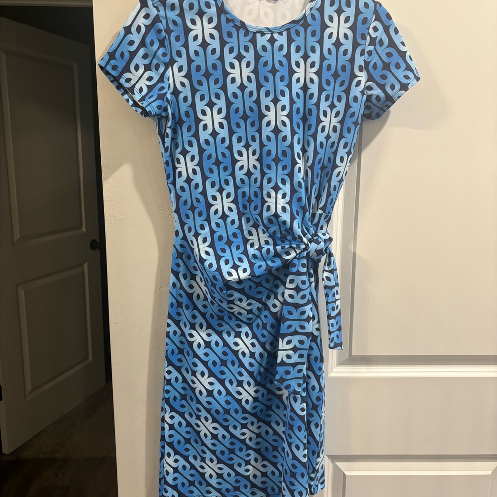 J. McLaughlin Blue Chain-Print Tie-Waist Midi Dress